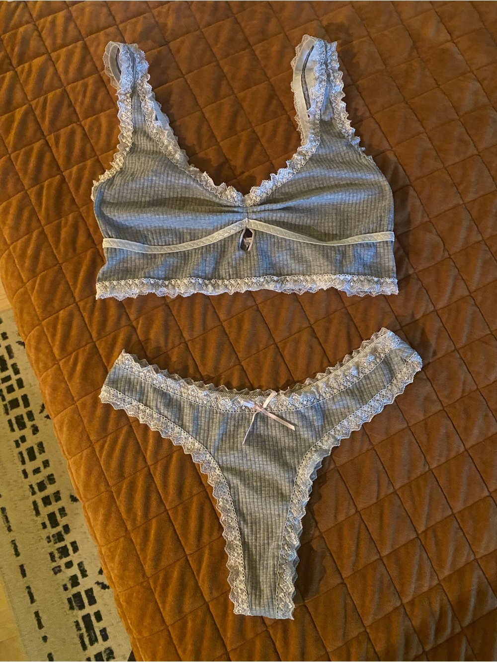 Ribbed Lace-Trim Bralette & Bikini Set in Light Blue